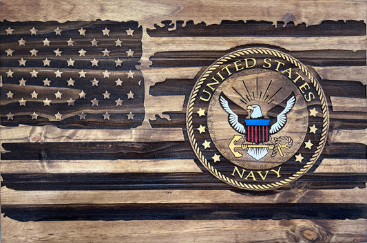 Wooden Engraved American Flag with Navy Stamp