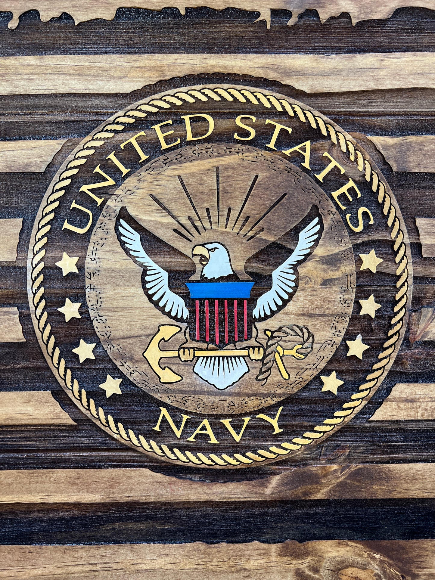 Wooden Engraved American Flag with Navy Stamp