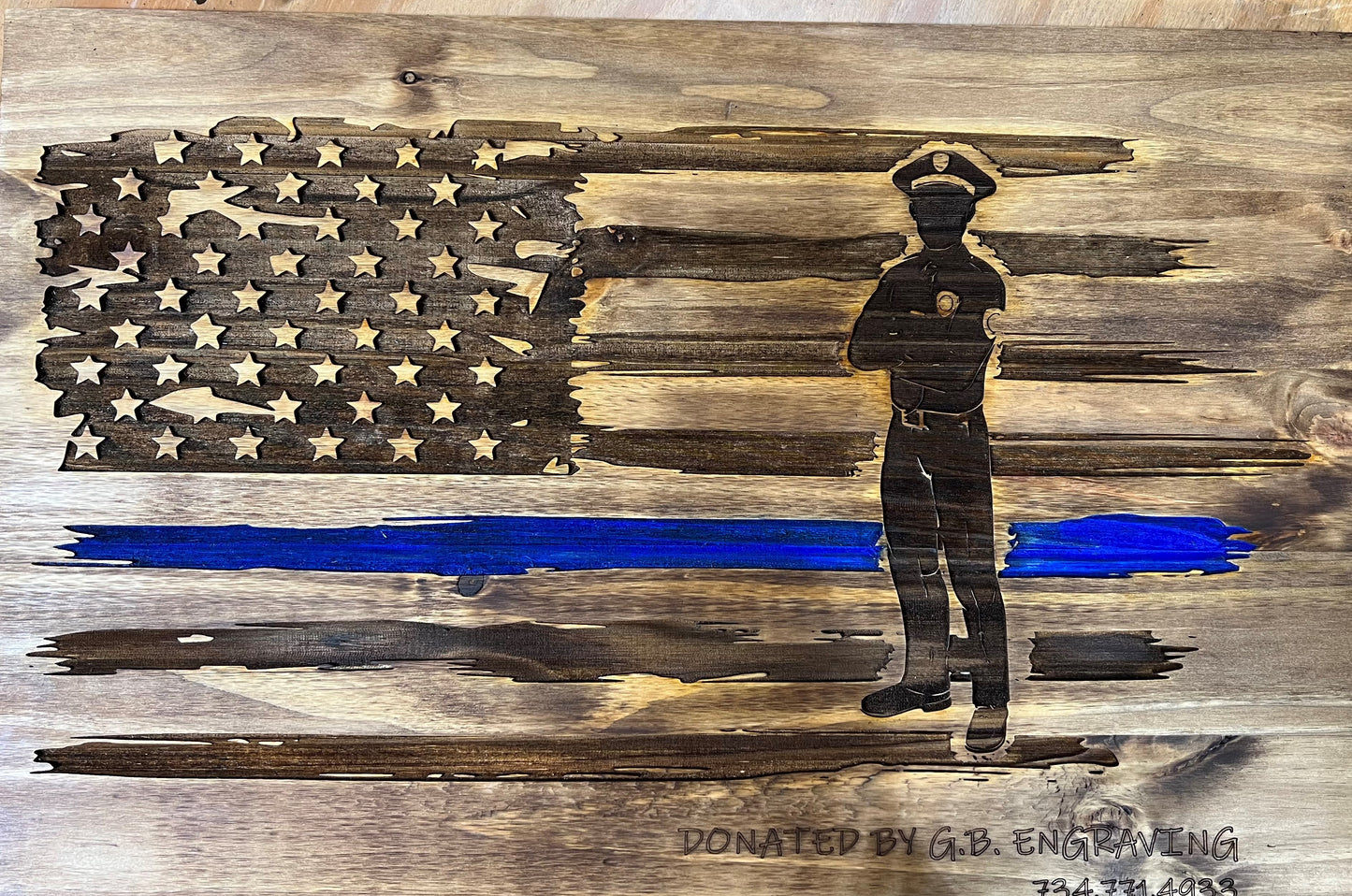 Wooden Engraved American Police Flag - Personalized