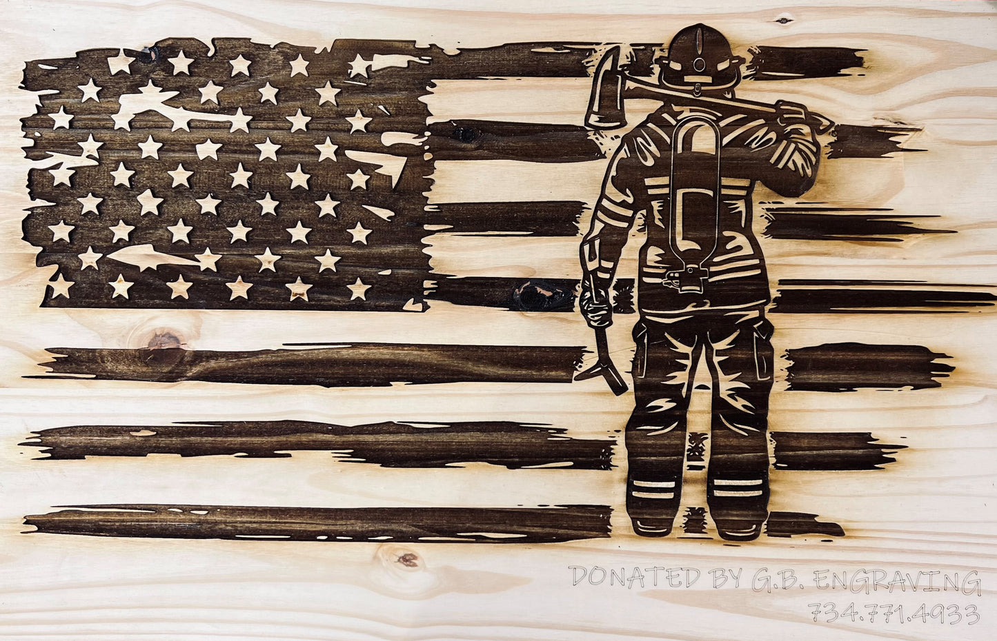 Wooden Laser Engraved American Flag with Firefighter- Customizable