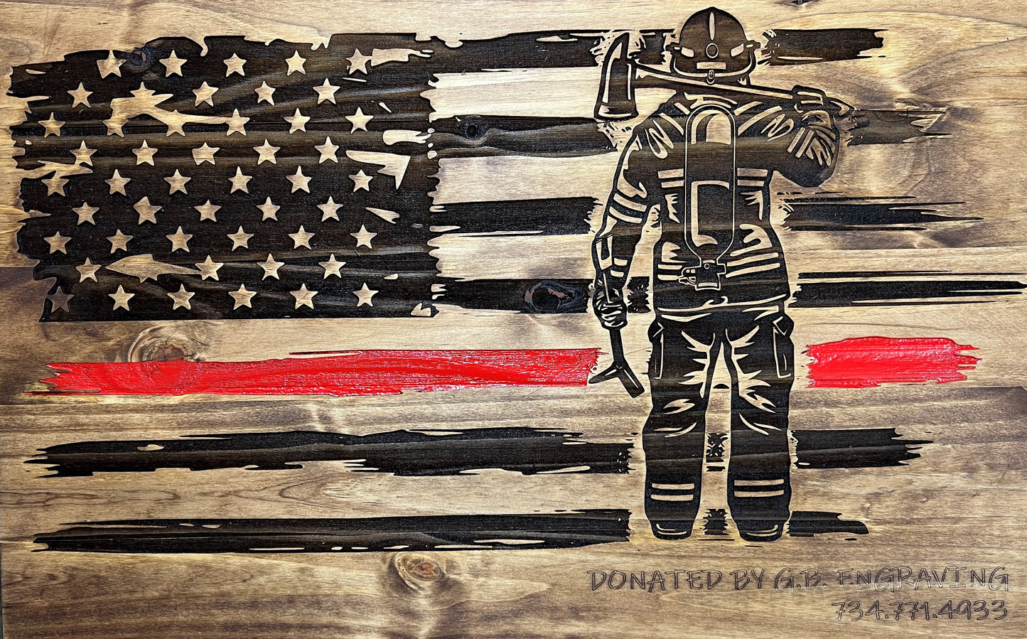 Wooden Laser Engraved American Flag with Firefighter- Customizable