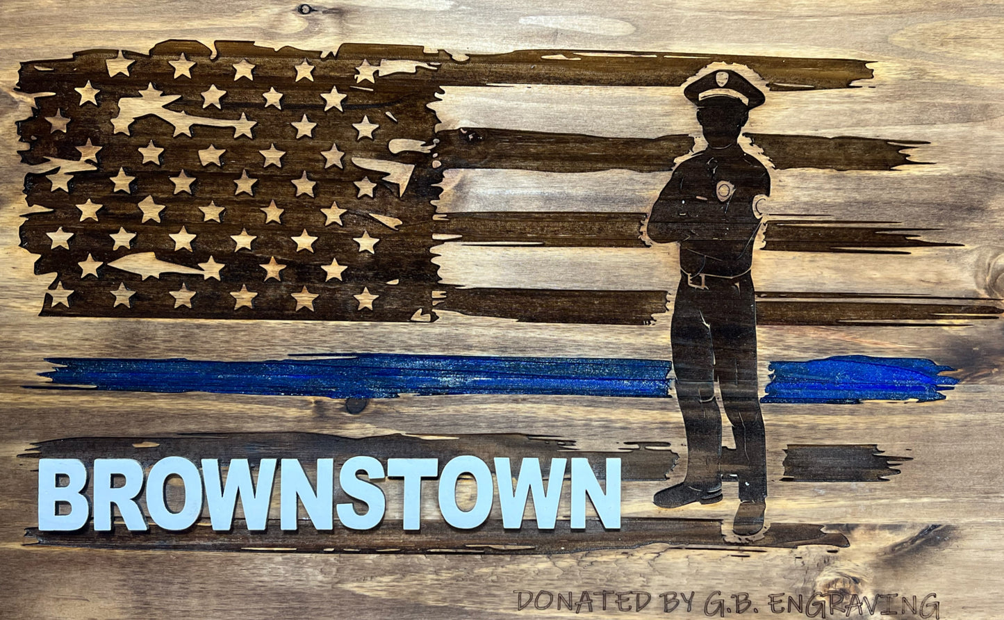 Wooden Engraved American Police Flag - Personalized