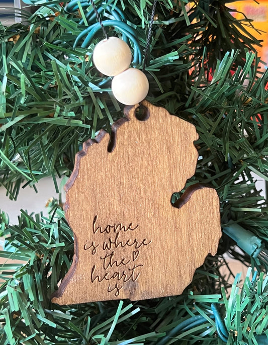 Wooden Michigan "Home is where the heart is" Ornament