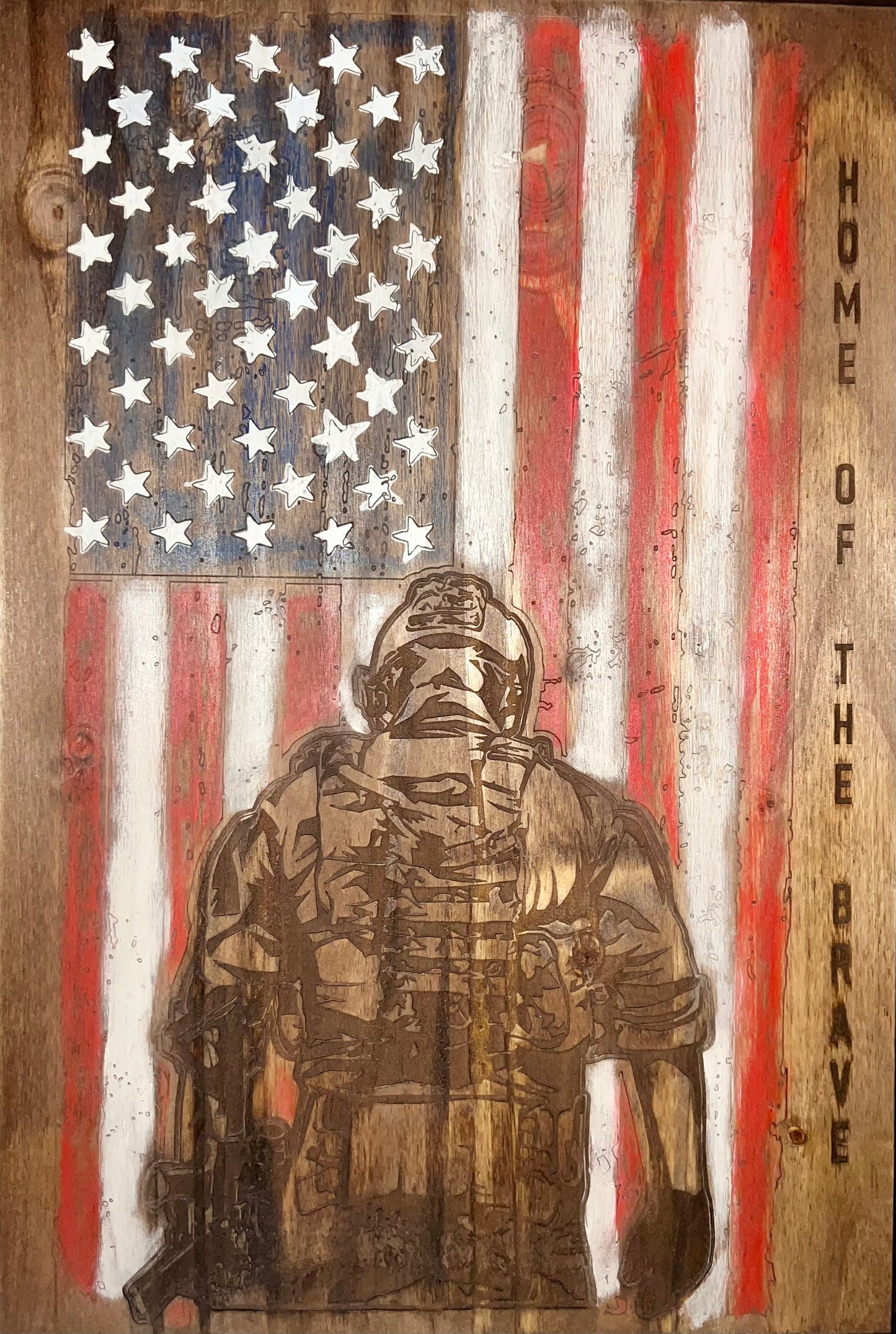 Wooden Engraved American Flag with Soldier (colored)